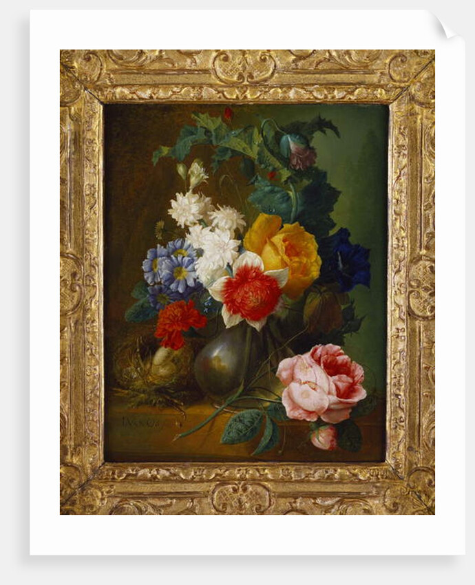 Roses, poppies, morning glory and other flowers in a vase with a bird's nest on a ledge by Jan van Os