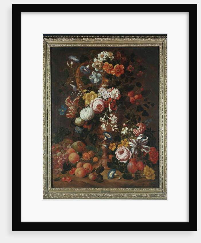 Roses, dahlias, convolvulus, a tulip and other flowers, in a sculpted urn, with grapes, plums and peaches nearby by Nicholaes van Verendael