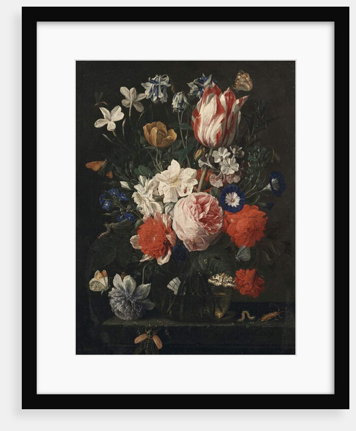 A rose, a tulip, morning glory and other flowers in a glass vase on a stone ledge, 1671 by Nicholaes van Verendael