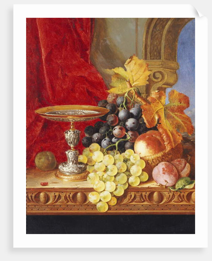 Grapes and a peach with a tazza on a table at a window by Edward Ladell
