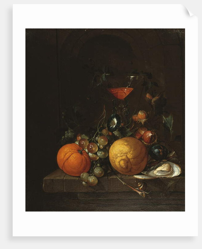 A Lemon, an Orange, Grapes, an Oyster, and a Glass of Wine on a Ledge by Cornelis de Heem