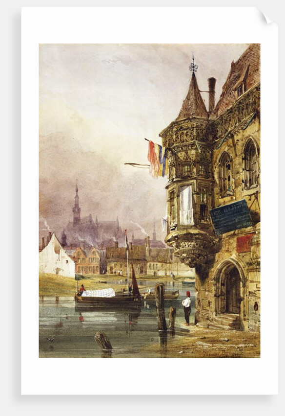 A figure beside a building, Ghent, with barges on the River Leye beyond, 1833 by Thomas Shotter Boys
