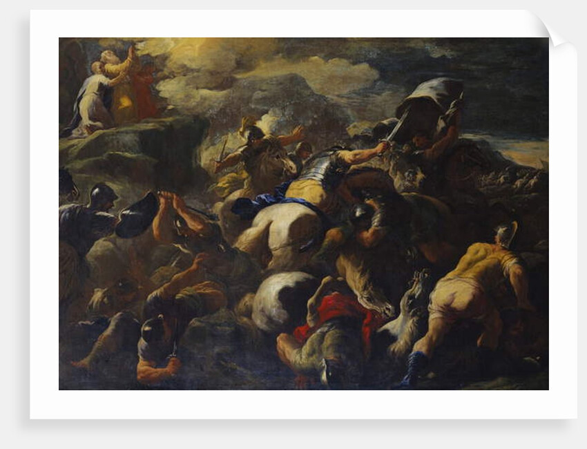 The Battle between the Israelites and the Amalekites, Aaron and Hur supporting Moses' arms on a hilltop beyond by Luca Giordano