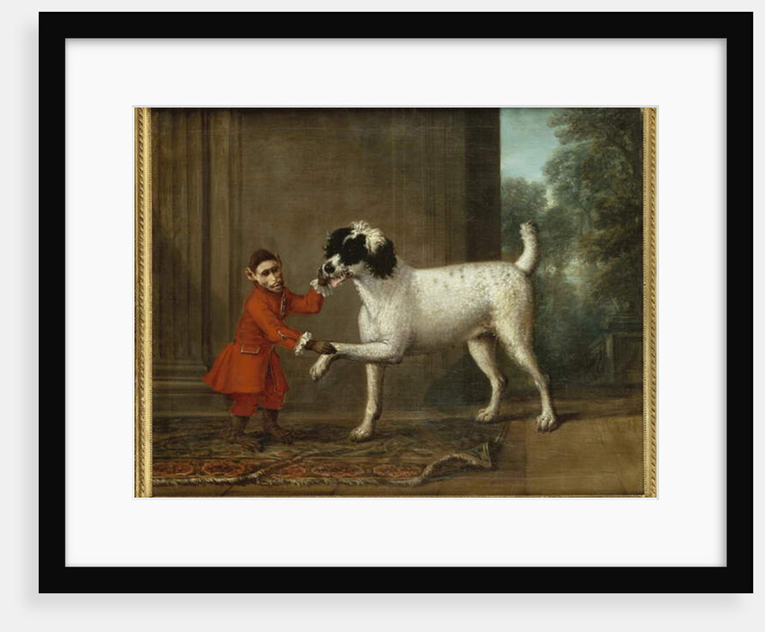 A Monkey wearing Crimson Livery dancing with a Poodle on the Terrace of a Country House by John Wootton