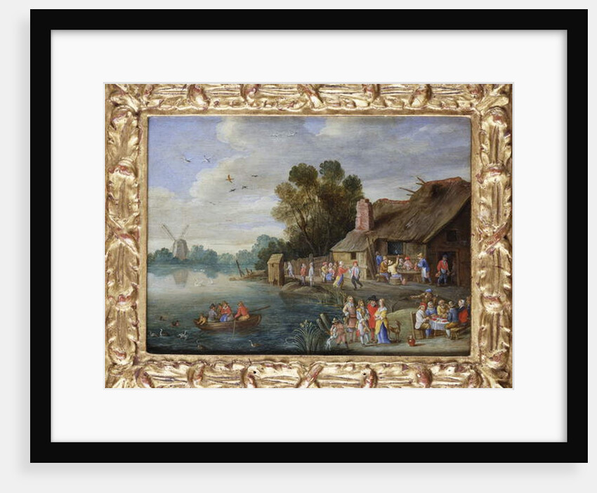 A River Landscape with Gentry at a Village Inn by Jan van the Elder Kessel