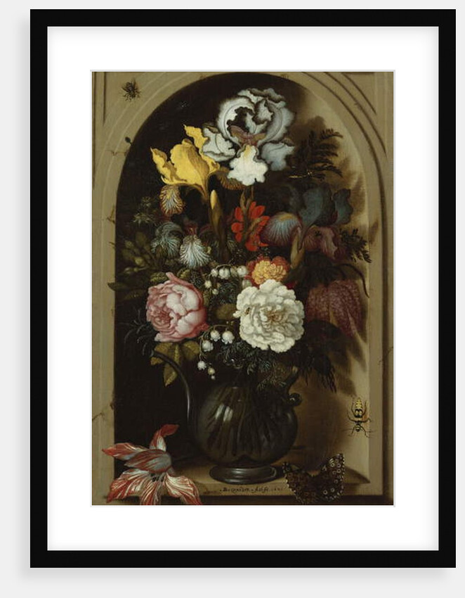 Irises, Roses, Lily of the Valley and other Flowers in a Glass Vase in a Niche, 1621 by Balthasar van der Ast