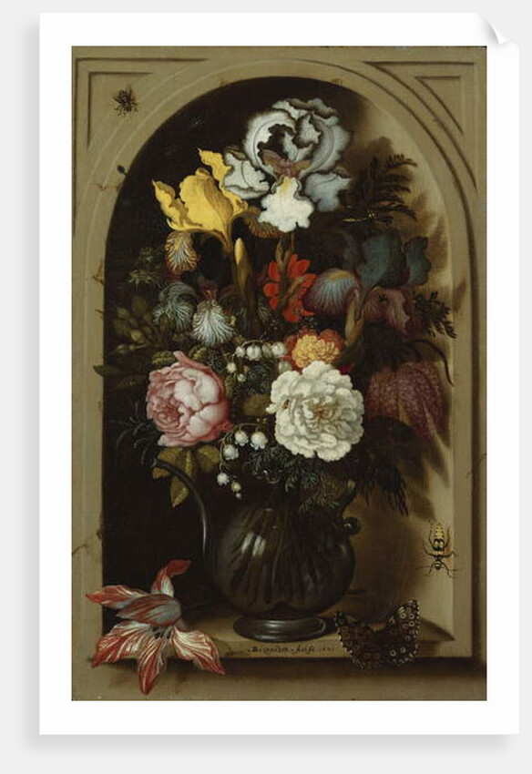 Irises, Roses, Lily of the Valley and other Flowers in a Glass Vase in a Niche, 1621 by Balthasar van der Ast