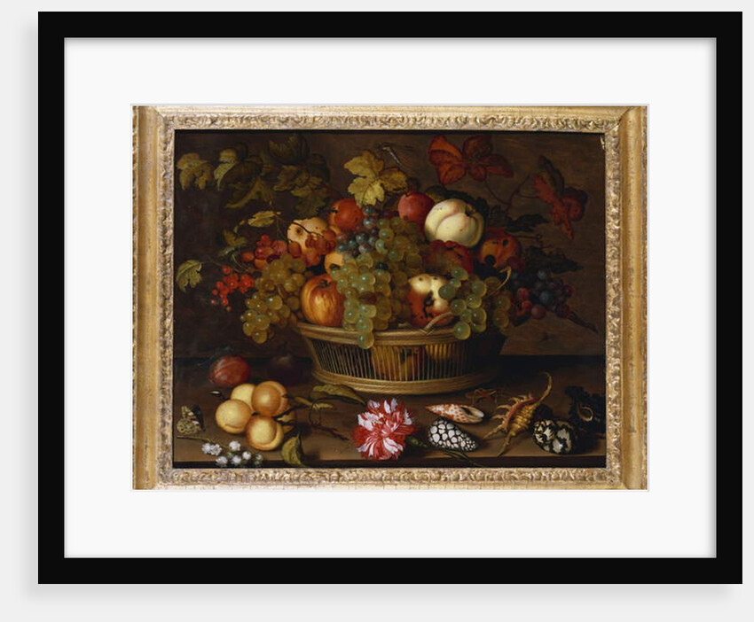 Grapes, Apples, a Peach and Plums in a Basket with Lily of the Valley by Balthasar van der Ast