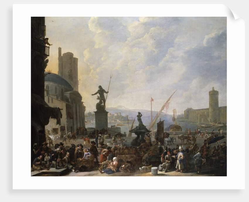 A Capriccio of a Mediterranean Port with Bernini's Triton Fountain, and a Capriccio of the Palais du Louvre, 1651 by Johannes Lingelbach