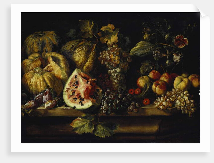 Still Life of Water Melon, Grapes, Plums, Peaches, Cherries and other Fruit on a Ledge by Abraham (follower of) Brueghel