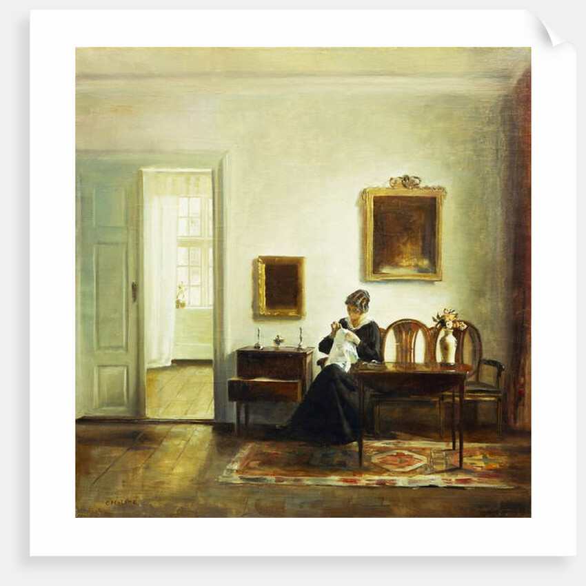 A Woman Sewing in an Interior by Carl Holsoe