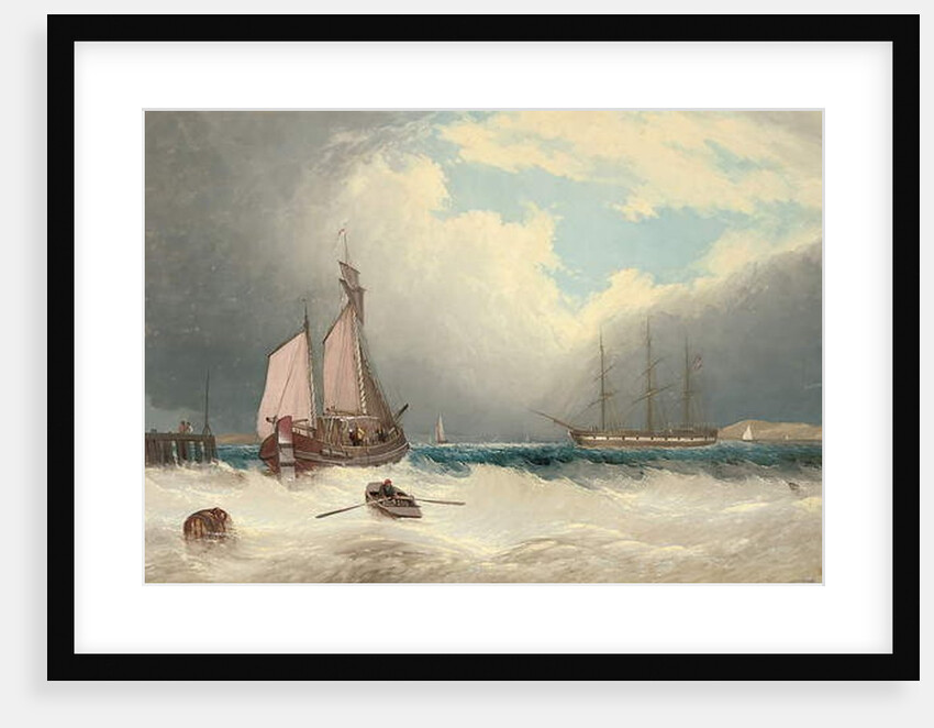 A barge running out of harbour, a frigate riding on her anchor beyond by David James