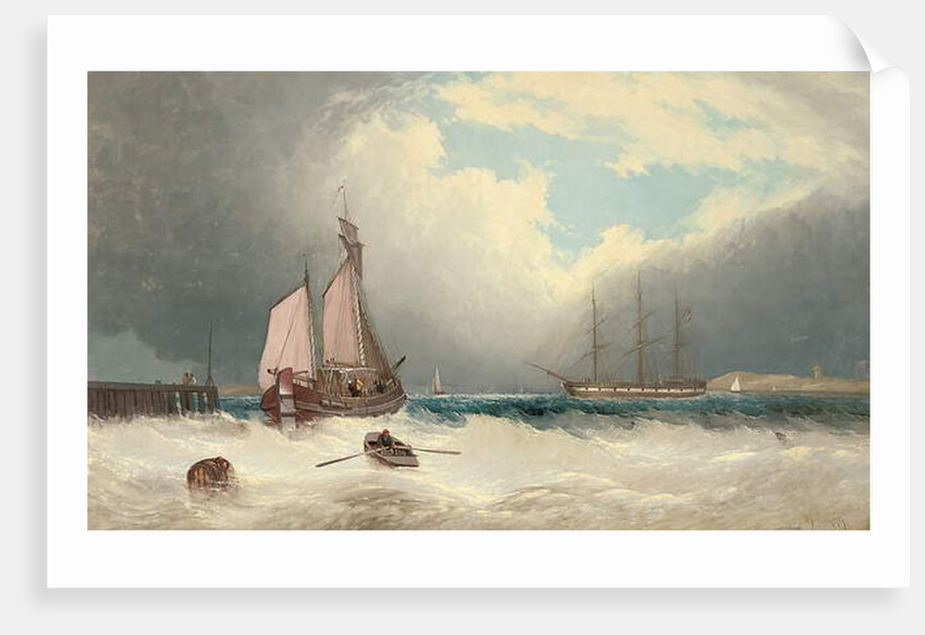 A barge running out of harbour, a frigate riding on her anchor beyond by David James