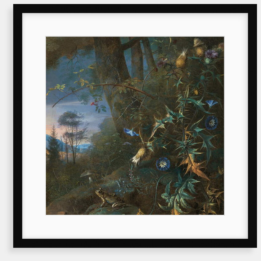 forest floor still life with a frog and a mushroom, mountains beyond by Matthias Withoos