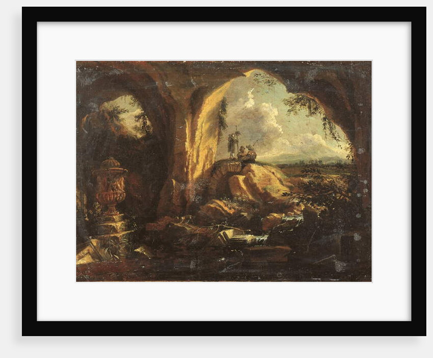 Interior of a grotto with an antique vase and ruins, three pilgrims at the entrance by Matthias Withoos