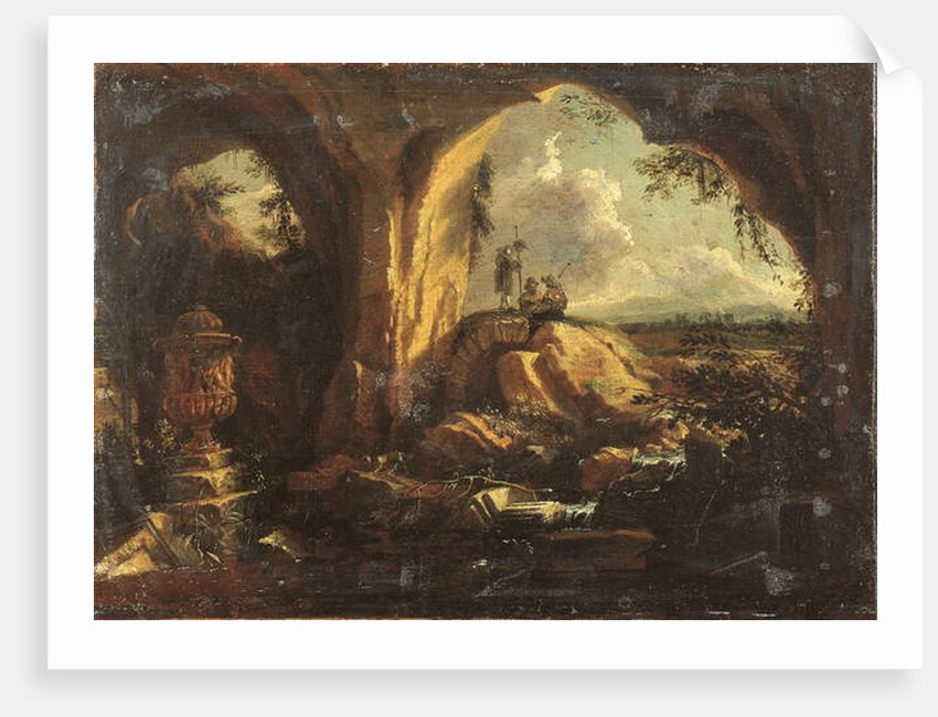 Interior of a grotto with an antique vase and ruins, three pilgrims at the entrance by Matthias Withoos