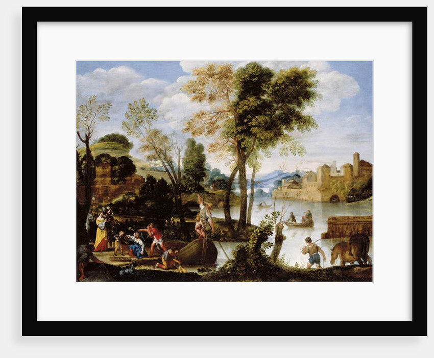 Italianate river landscape with poling boatman and woman with a basket of crabs, c.1604-05 by Domenichino