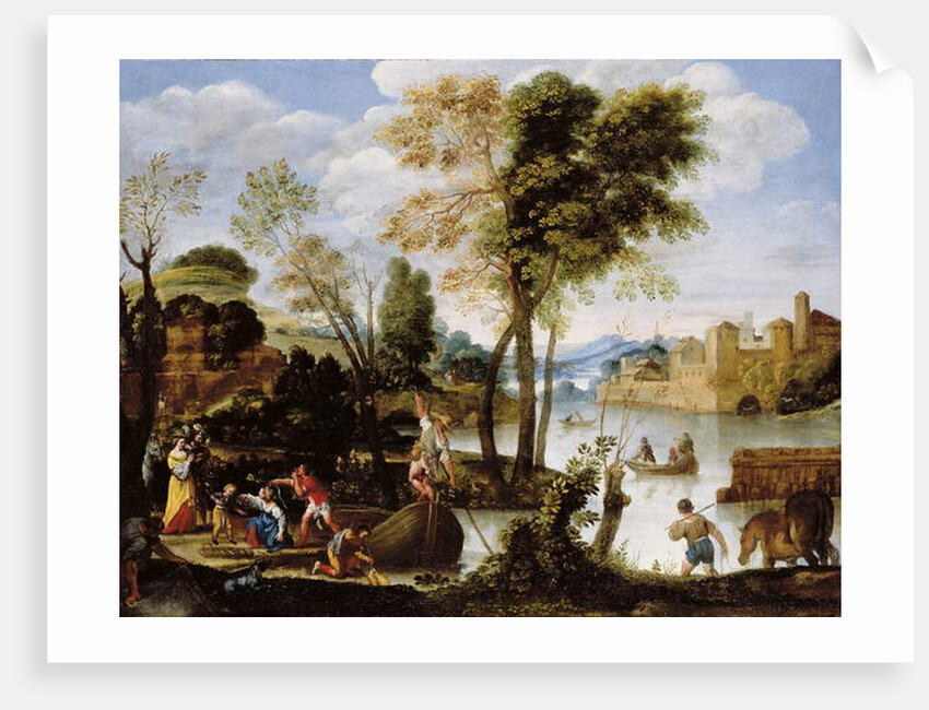 Italianate river landscape with poling boatman and woman with a basket of crabs, c.1604-05 by Domenichino