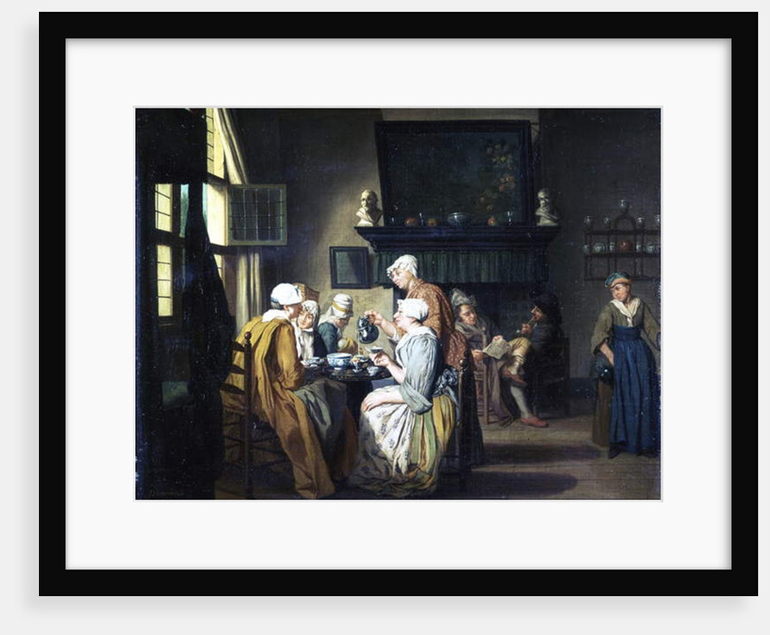 Bourgeois interior with ladies drinking tea, a man reading by the fireplace by Jan Josef the Elder Horemans