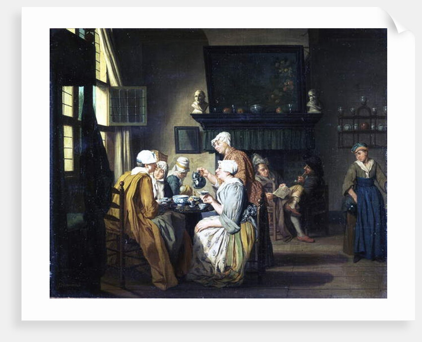 Bourgeois interior with ladies drinking tea, a man reading by the fireplace by Jan Josef the Elder Horemans