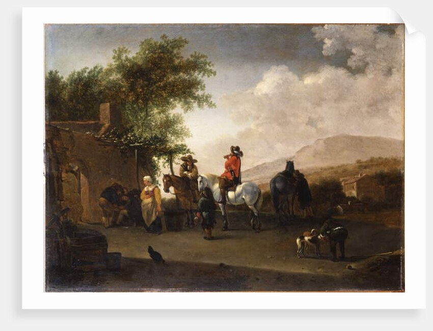 Travellers on horseback taking refreshment on a mountain pass, in an Italianate landscape by Gerrit Adriaensz Berckheyde