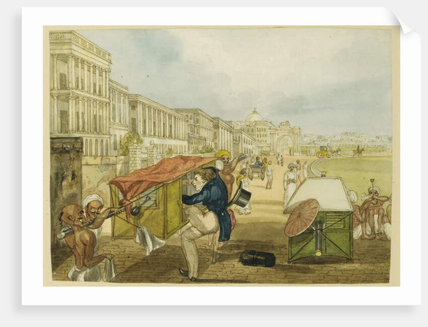 An Inexperienced Palanquin Rider, Tom Shaw Hiring a Palanquin on the Esplanade, Calcutta by Charles D'Oyly
