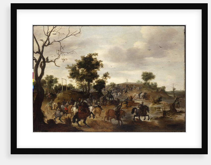Landscape with a cavalry battle, gallows and a windmill beyond by Peeter Snayers
