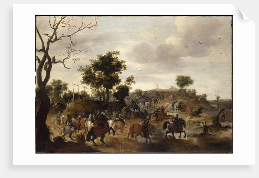 Landscape with a cavalry battle, gallows and a windmill beyond by Peeter Snayers