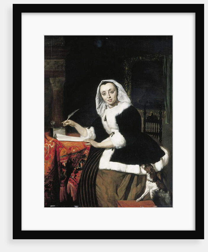 An elegant lady writing at her desk, with a dog beside her by Gabriel Metsu