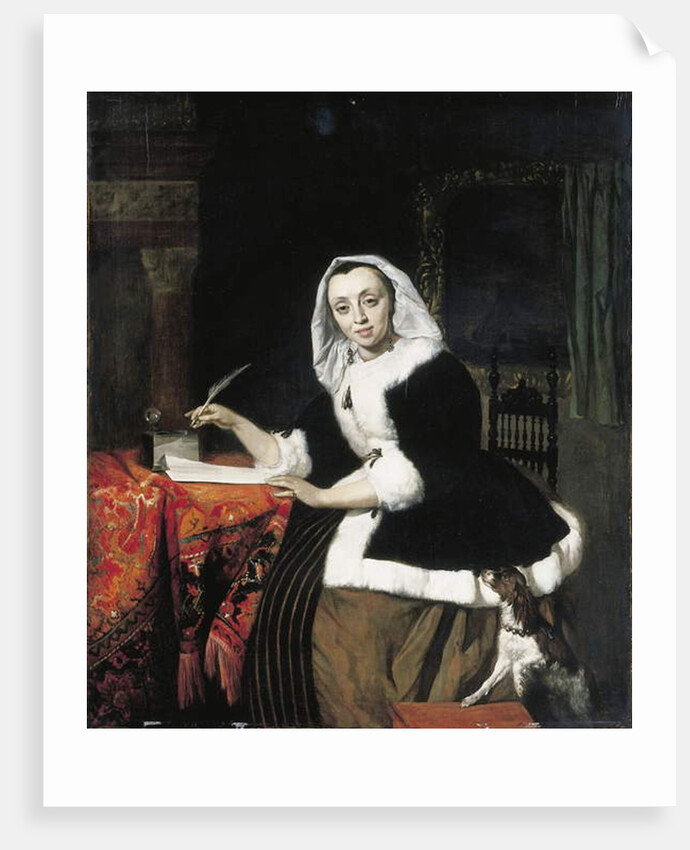 An elegant lady writing at her desk, with a dog beside her by Gabriel Metsu