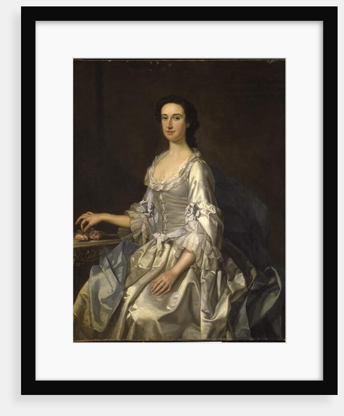 Mary, wife of Henry, 7th Lord Arundell of Wardour, in a grey satin dress, holding roses by a table by George Knapton