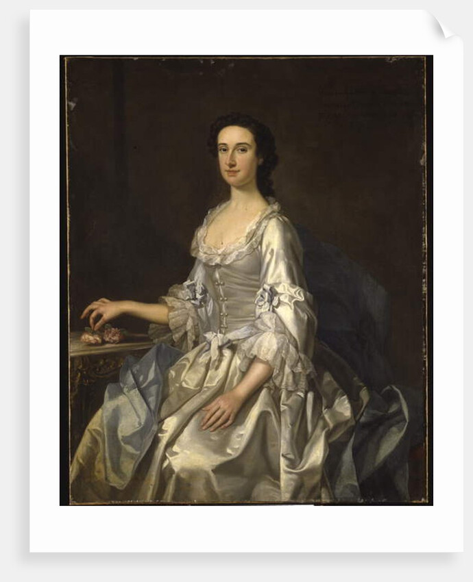Mary, wife of Henry, 7th Lord Arundell of Wardour, in a grey satin dress, holding roses by a table by George Knapton