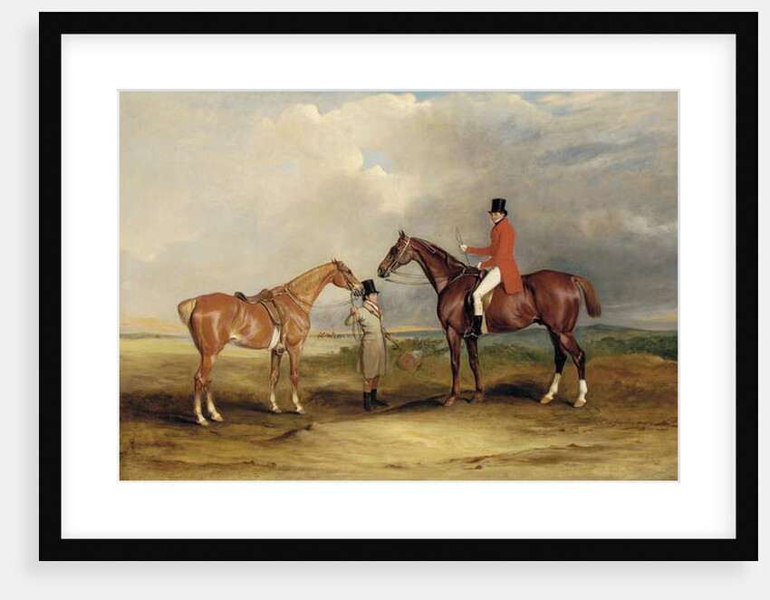 Portrait of John Drummond on a hunter with a groom holding his second horse, in a landscape, a hunting party beyond, 1831 by John E. Ferneley