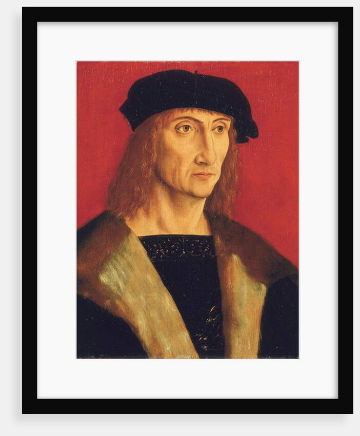 Portrait of a man wearing a fur-lined coat, gold chain and a black beret, before a red background by Jakob Elsner