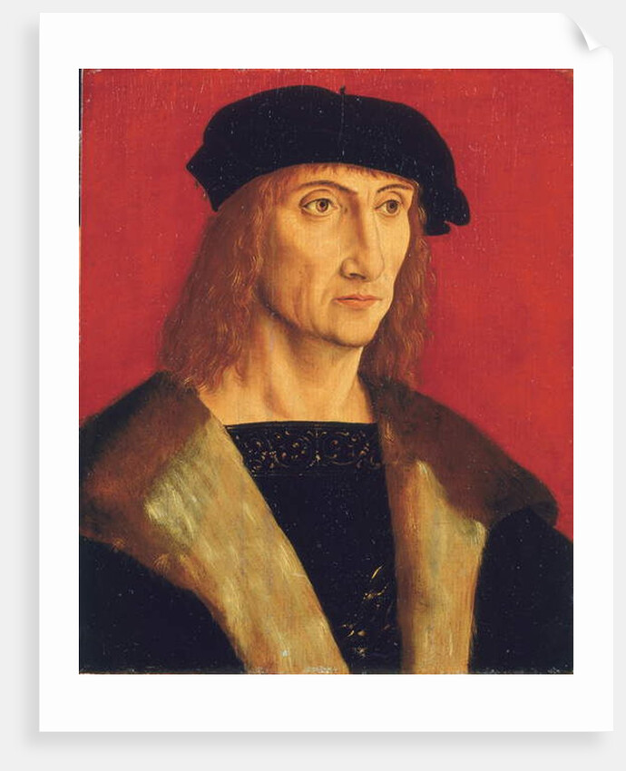 Portrait of a man wearing a fur-lined coat, gold chain and a black beret, before a red background by Jakob Elsner