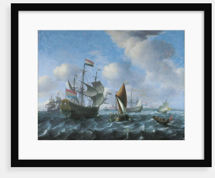 A man'o'war, possibly Het Wapen van Utrecht, a wijdschip and a spiegelsloep in a stiff breeze, 1671 by Aernout Smit