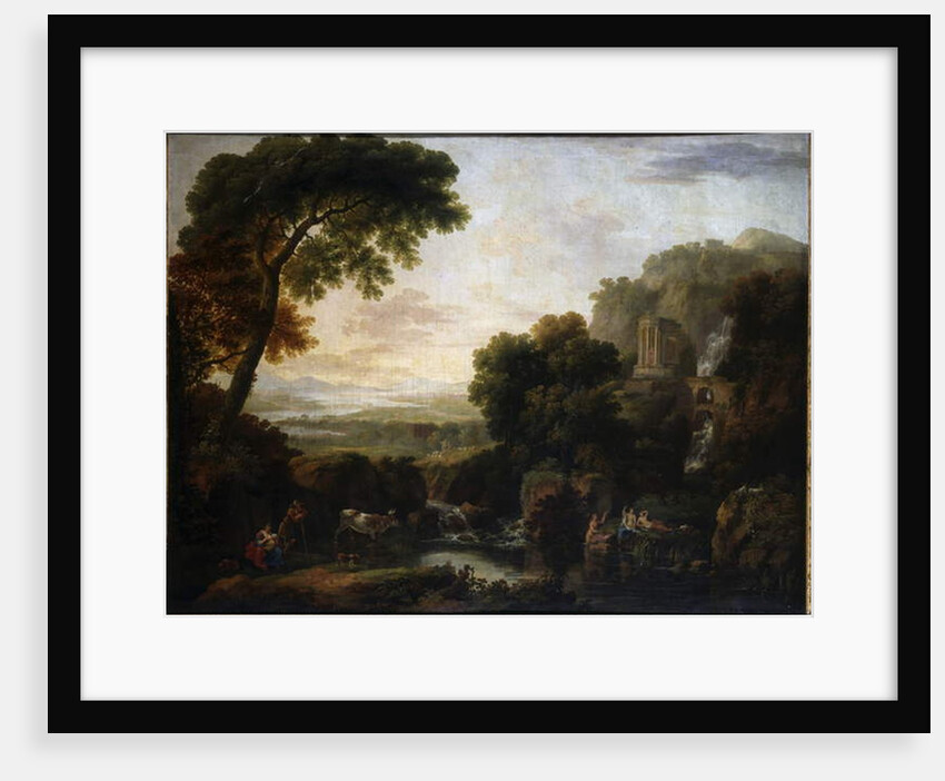 Italianate landscape with a capriccio view of Tivoli, a shepherd and shepherdess and cattle by George the Elder Barret