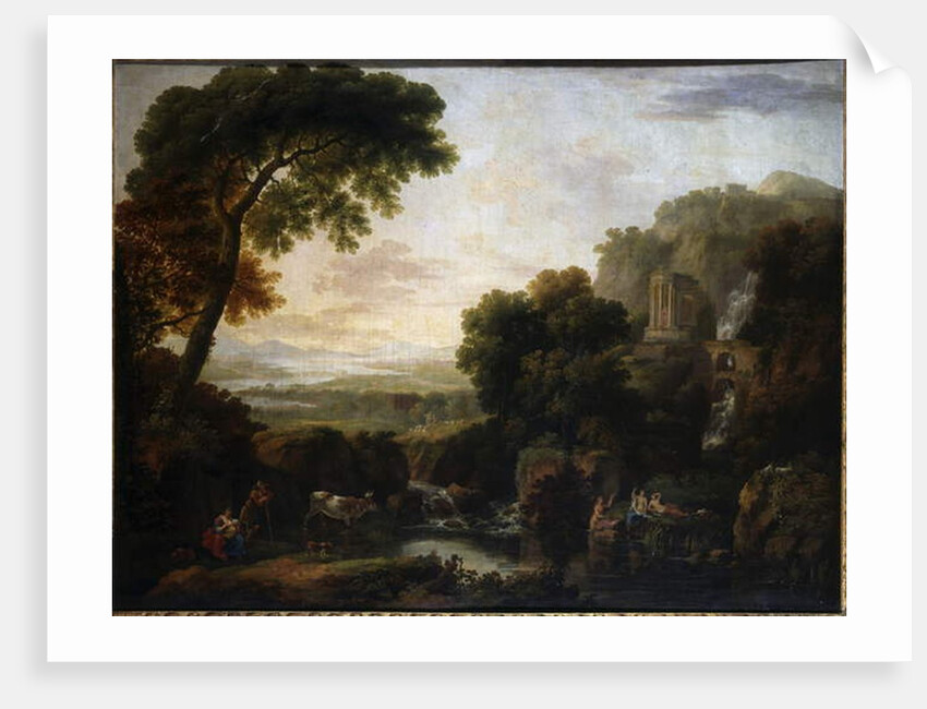 Italianate landscape with a capriccio view of Tivoli, a shepherd and shepherdess and cattle by George the Elder Barret