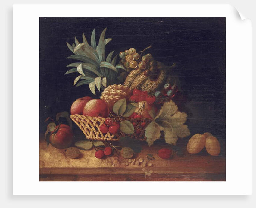Grapes, plums, cherries, peaches, an apple, a pineapple, and a melon, in a wicker basket by Charles Lewis