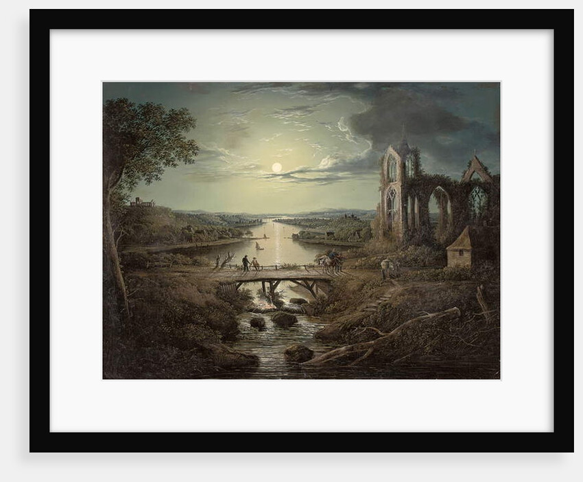 Moonlit view of the River Tweed with Melrose Abbey in the foreground and figures on a bridge by Abraham (attr. to) Pether
