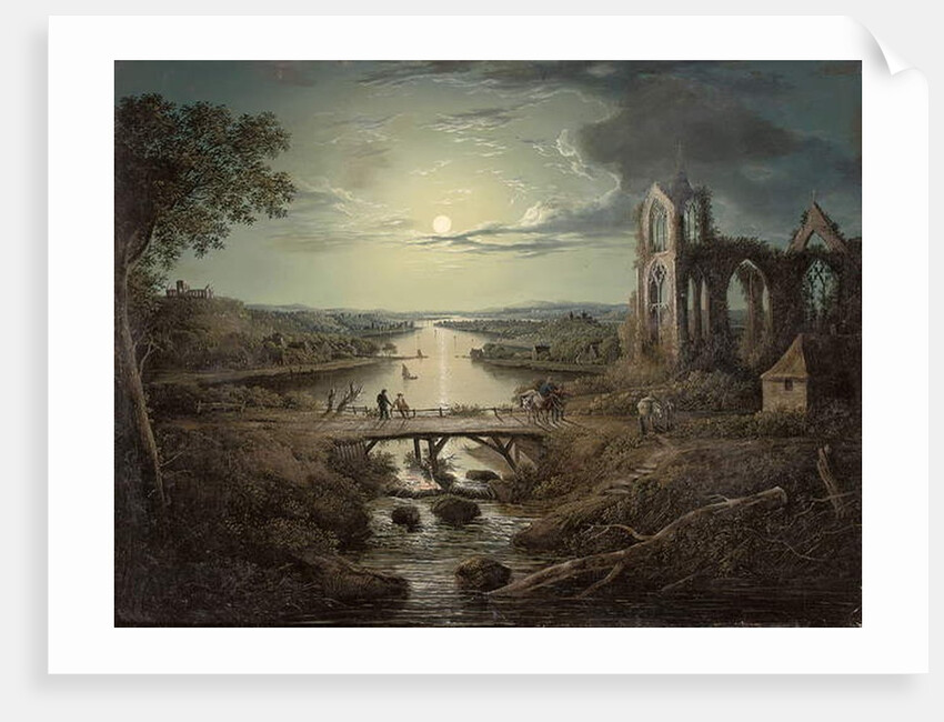Moonlit view of the River Tweed with Melrose Abbey in the foreground and figures on a bridge by Abraham (attr. to) Pether