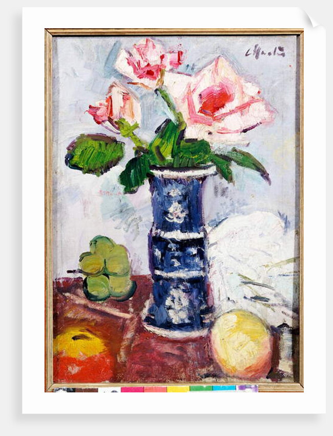Pink Roses in a Chinese Blue and White Gu-shaped Vase by George Leslie Hunter