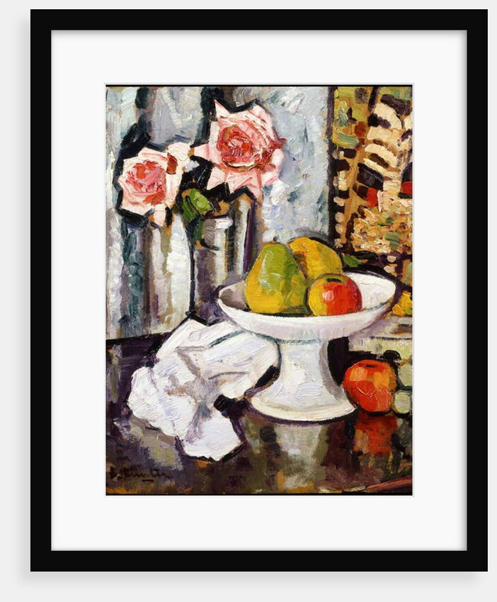 Still life with bowl of fruit and a vase of pink roses by George Leslie Hunter