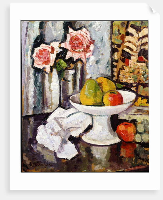 Still life with bowl of fruit and a vase of pink roses by George Leslie Hunter