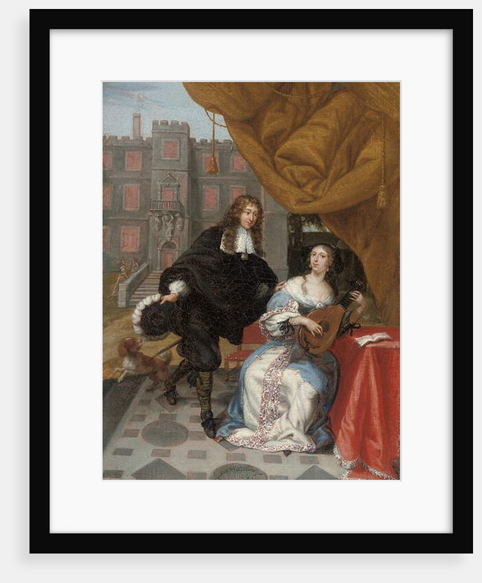 A gentleman courting a lady music making in a courtyard, 1668 by Jacob de Fourmentrou