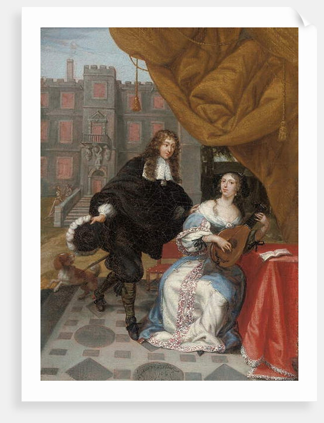 A gentleman courting a lady music making in a courtyard, 1668 by Jacob de Fourmentrou