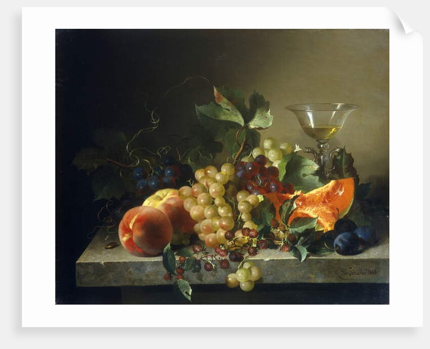A still life with fruit on a stone ledge, 1858 by Bela Schaffer