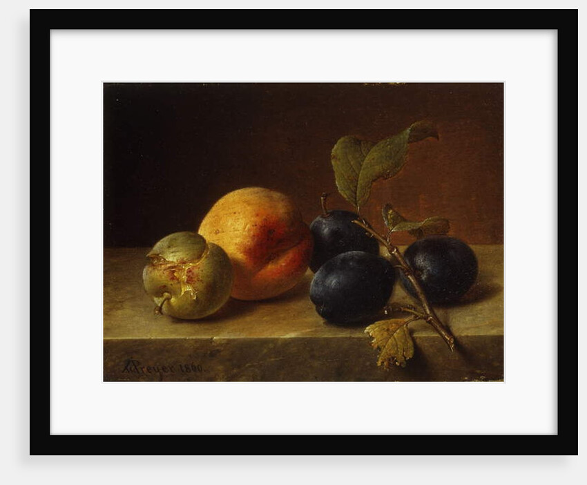 A Peach and Plums on a Marble Ledge, 1860 by Johann Wilhelm Preyer