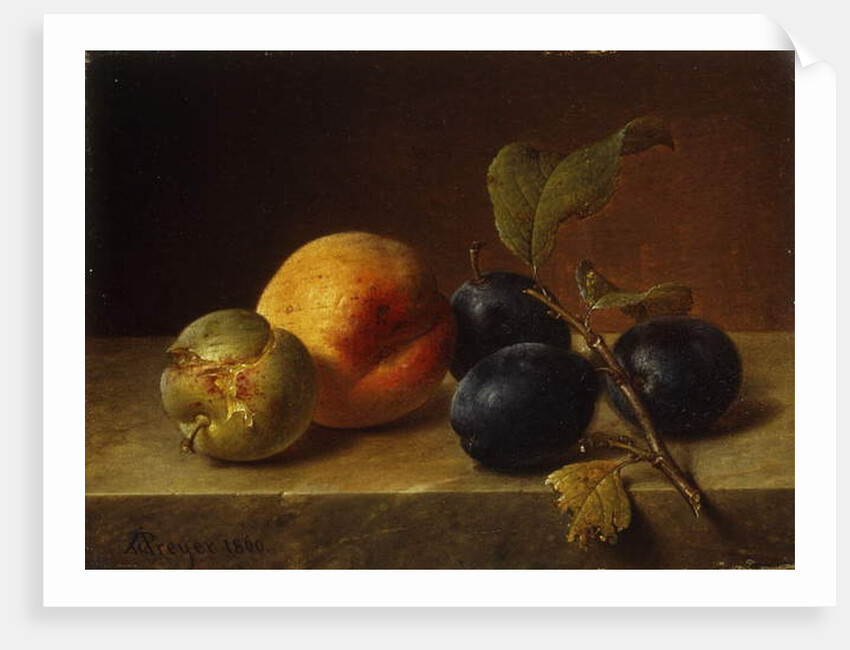 A Peach and Plums on a Marble Ledge, 1860 by Johann Wilhelm Preyer