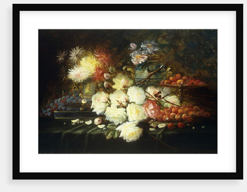 Still life with roses, chrysanthemums, grapes and strawberries by Modeste Carlier